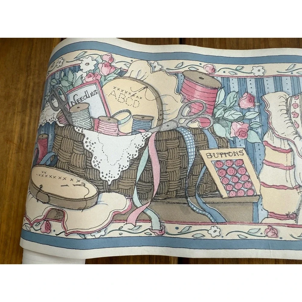 Vintage Wallpaper Wall Border Country Granny Cat Kittens Sewing 7